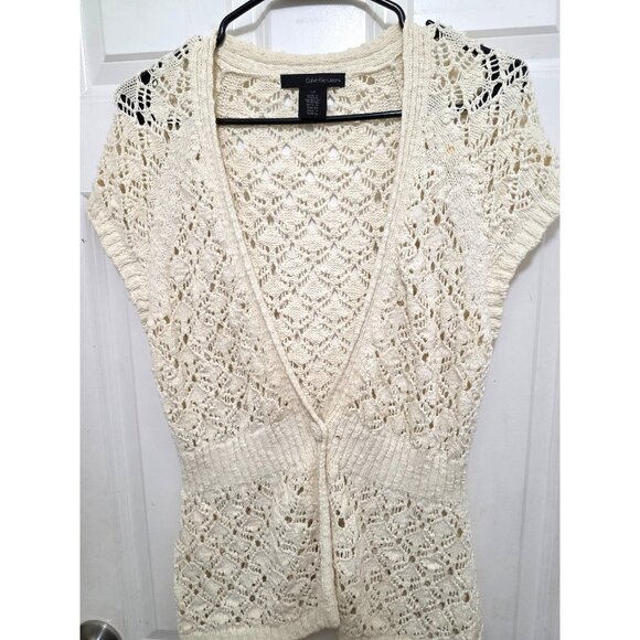 Calvin Klein Jeans Women's Crochet Knit Cardigan Sweater L/G Short Sleeve Cream - Picture 2 of 6